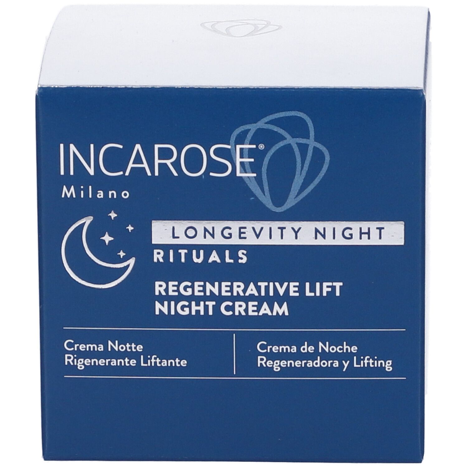 Scatola blu con testo bianco. Scritta: INCAROSE Milano, LONGEVITY NIGHT RITUALS, Regenerative Lift Night Cream. Simbolo luna e stelle.