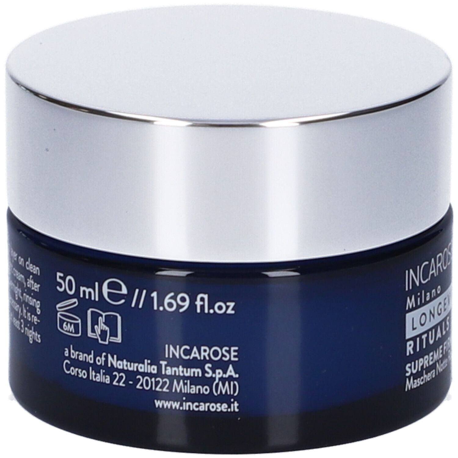 Vasetto blu scuro con coperchio argentato. Scritta: 50 ml // 1.69 fl.oz. Informazioni sul marchio INCAROSE e indirizzo.