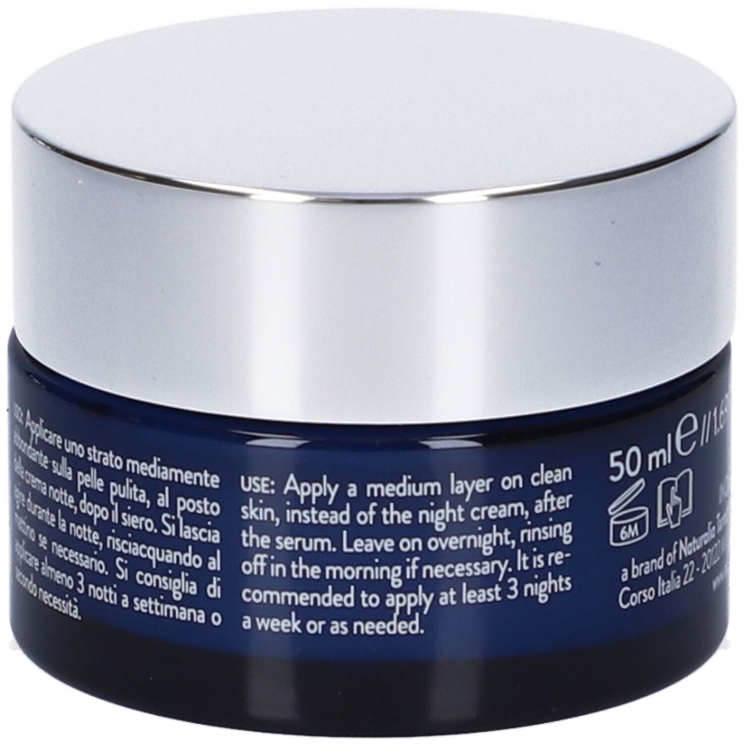 Vasetto blu scuro con coperchio argentato. Testo: Istruzioni per l'uso in italiano. Volume: 50 ml.