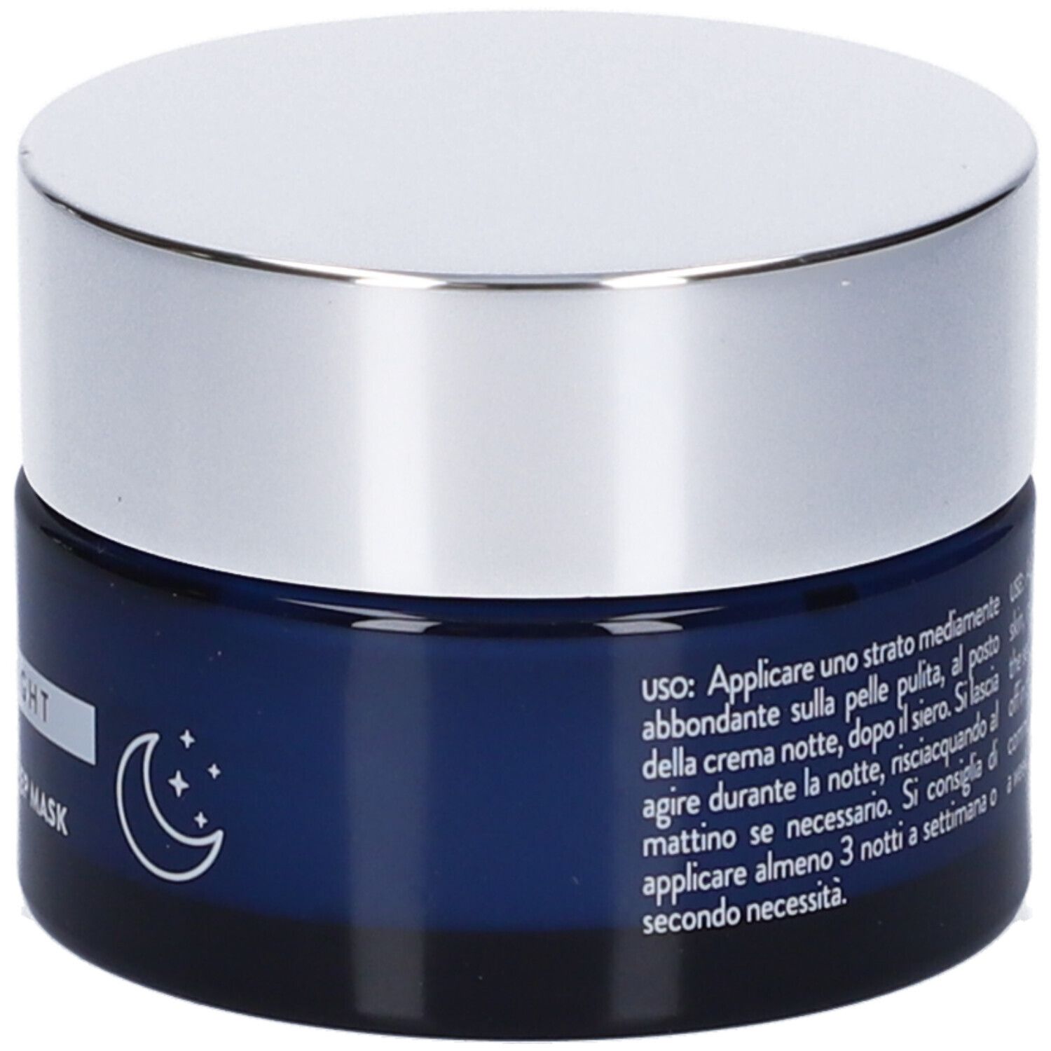 Vasetto blu scuro con coperchio argentato. Scritta: LONGEVITY NIGHT RITUALS, SUPREME FIRMING SLEEP MASK. Simbolo luna e stelle.