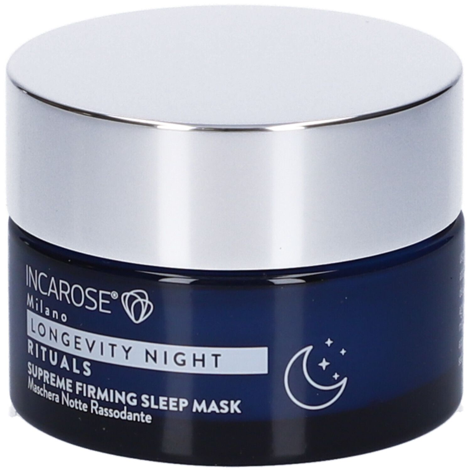 Vasetto blu scuro con coperchio argentato. Scritta: INCAROSE Milano, LONGEVITY NIGHT RITUALS, SUPREME FIRMING SLEEP MASK.