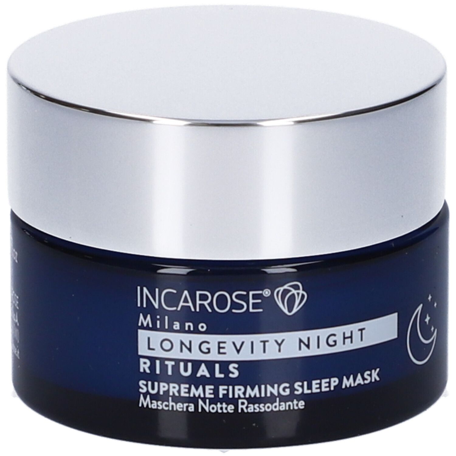 Vasetto blu scuro con coperchio argentato. Scritta: INCAROSE Milano, LONGEVITY NIGHT RITUALS, SUPREME FIRMING SLEEP MASK.