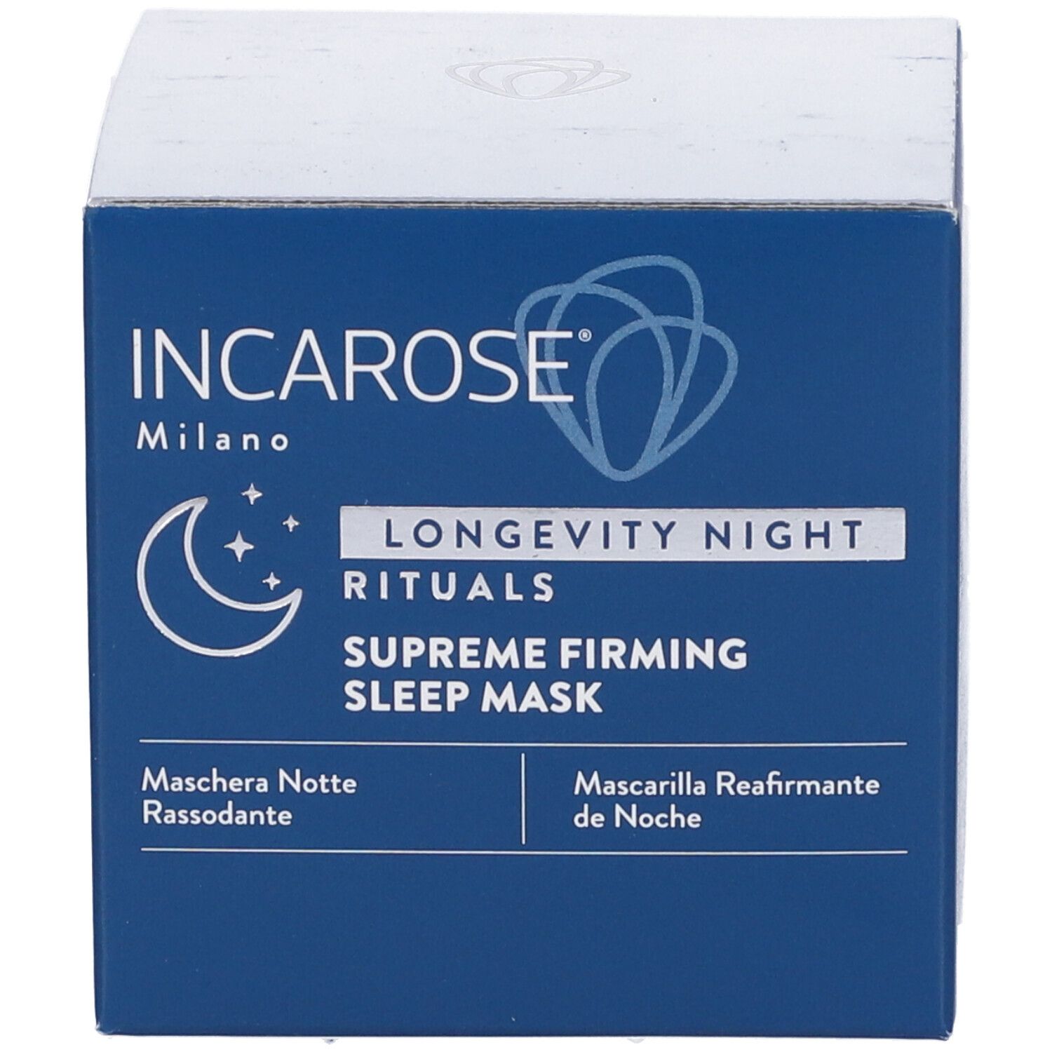 Confezione blu del prodotto. Scritta: INCAROSE Milano, LONGEVITY NIGHT RITUALS, SUPREME FIRMING SLEEP MASK. Simbolo luna e stelle.