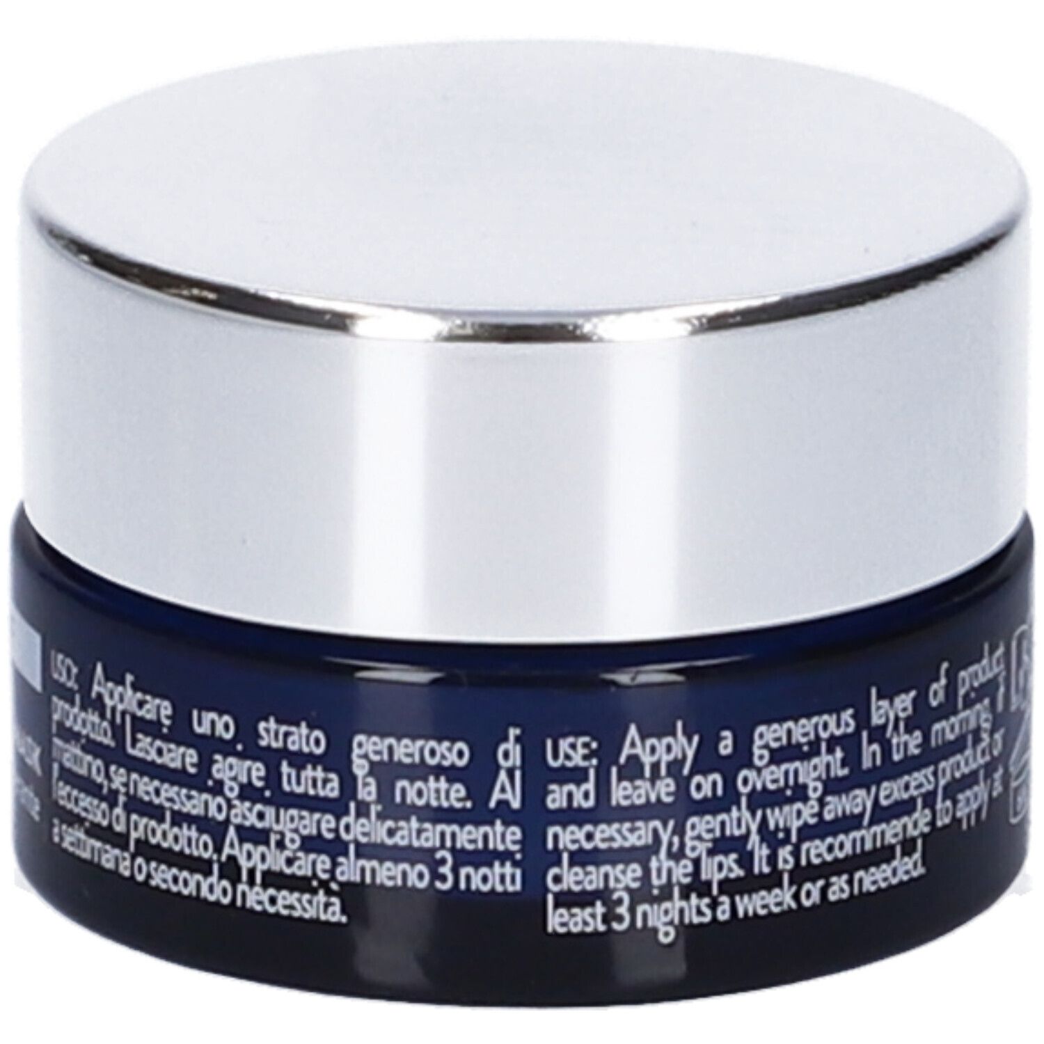 Vaso blu con coperchio argentato. Testo sul vaso, comprese le istruzioni per l'uso in italiano e inglese.