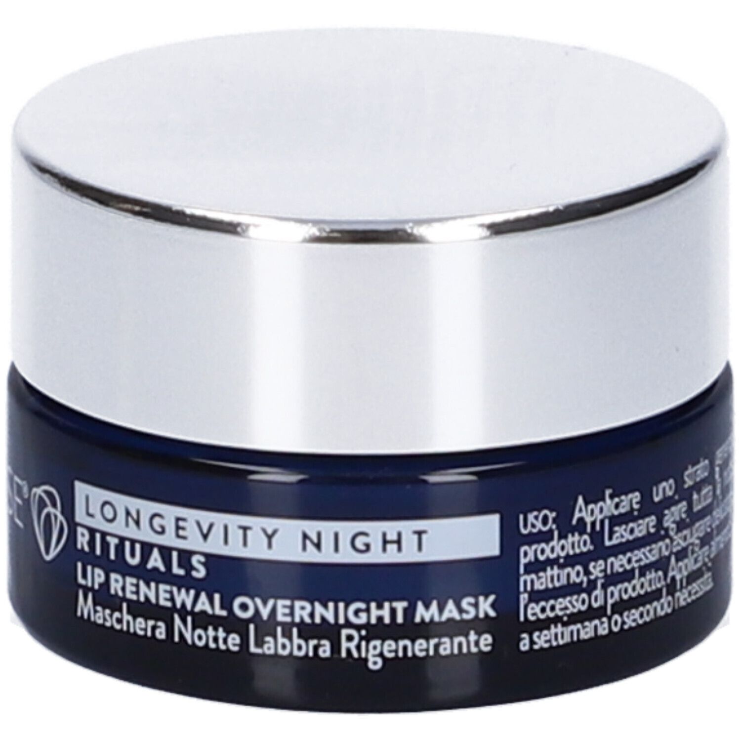 Vaso blu con coperchio argentato. Scritta: LONGEVITY NIGHT RITUALS, LIP RENEWAL OVERNIGHT MASK, Maschera Notte Labbra.