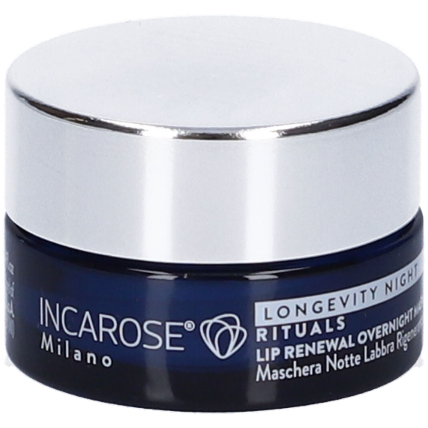 Vaso blu con coperchio argentato. Scritta: INCAROSE Milano, logo, LONGEVITY NIGHT RITUALS, LIP RENEWAL OVERNIGHT MASK.