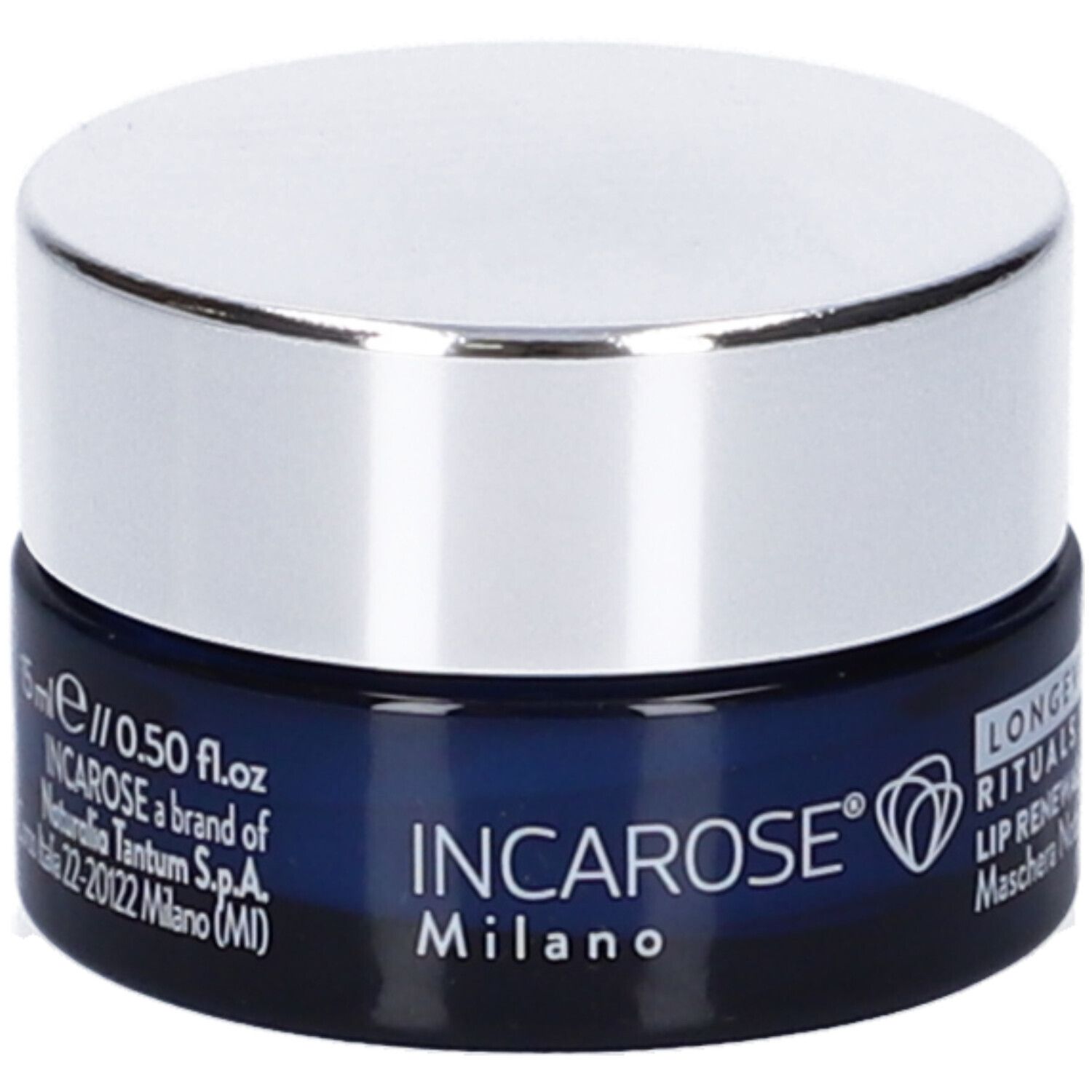 Vaso blu con coperchio argentato. Scritta: INCAROSE Milano, logo, 15 ml, 0.50 fl.oz, LONGEVITY RITUALS, LIP RENEWAL.