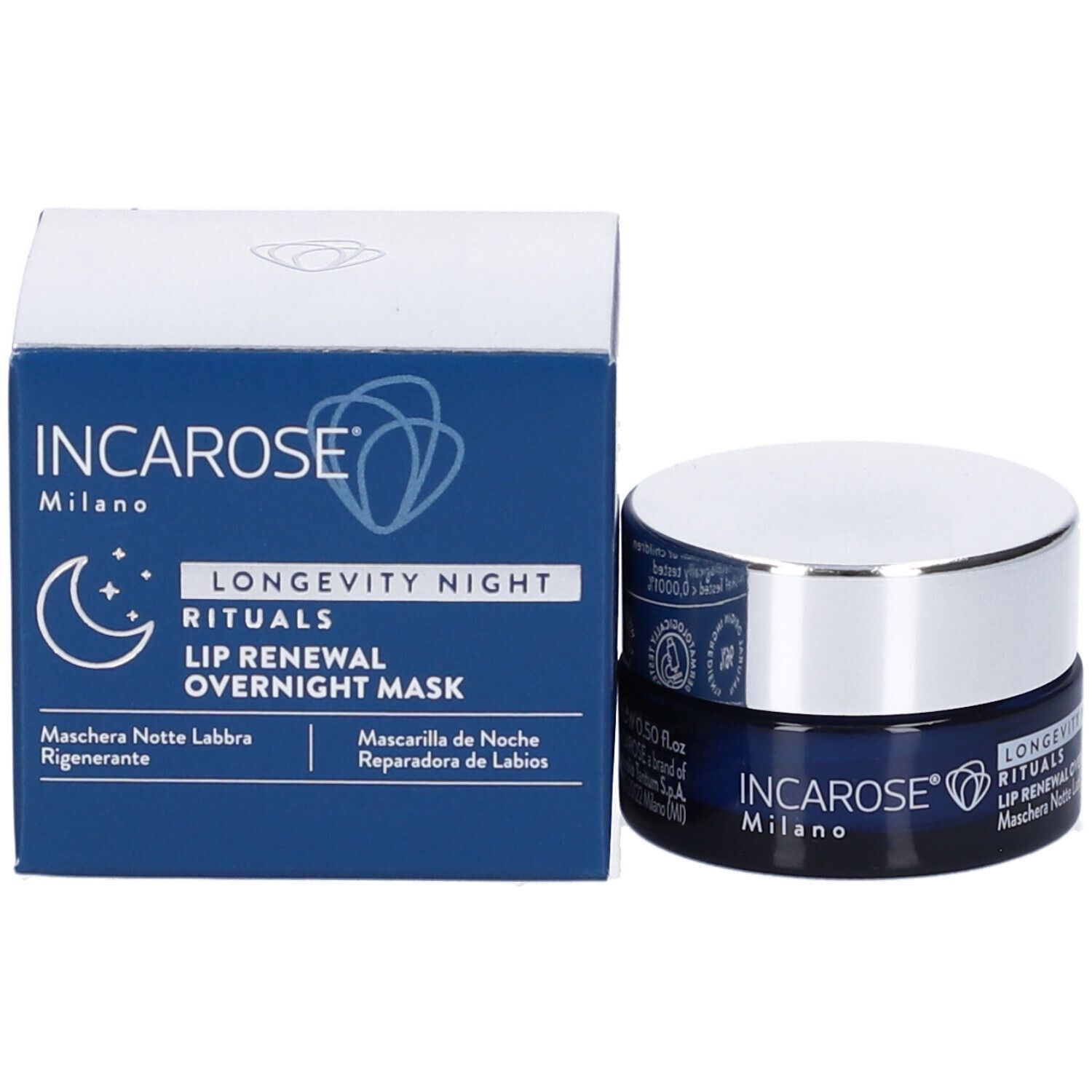 Vaso blu con coperchio argentato e confezione. Scritta: INCAROSE Milano, logo, LONGEVITY NIGHT RITUALS, LIP RENEWAL.