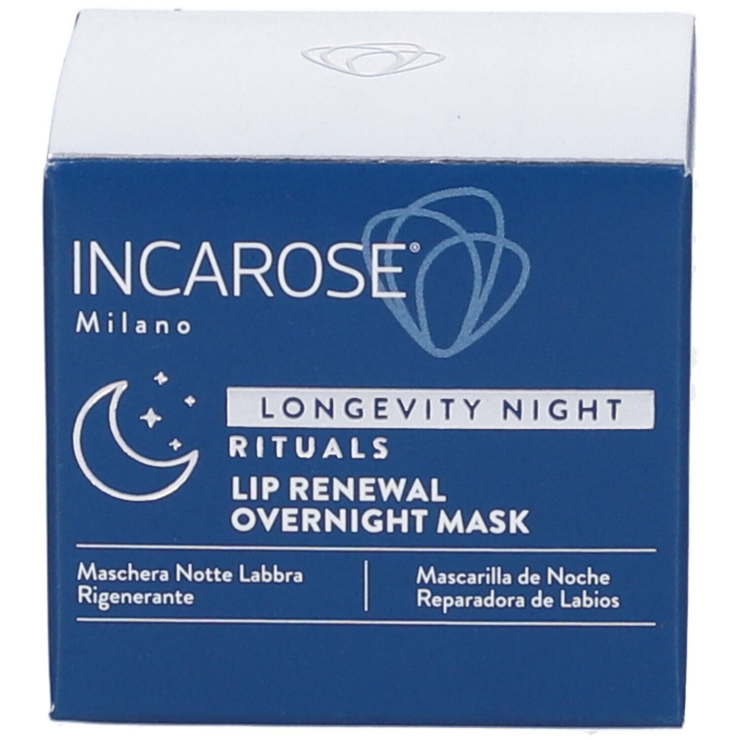 Confezione blu con scritta: INCAROSE Milano, logo, LONGEVITY NIGHT RITUALS, LIP RENEWAL OVERNIGHT MASK.