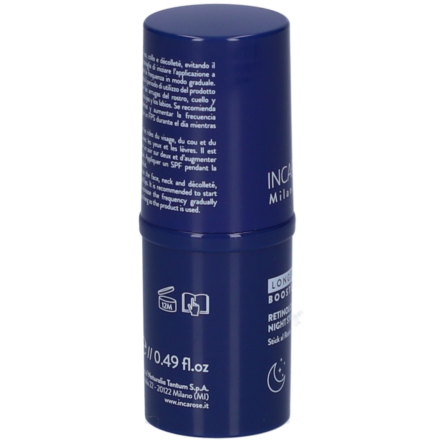 Stick blu con testo. 0.49 fl.oz, 12M. Testi in italiano, francese, inglese.