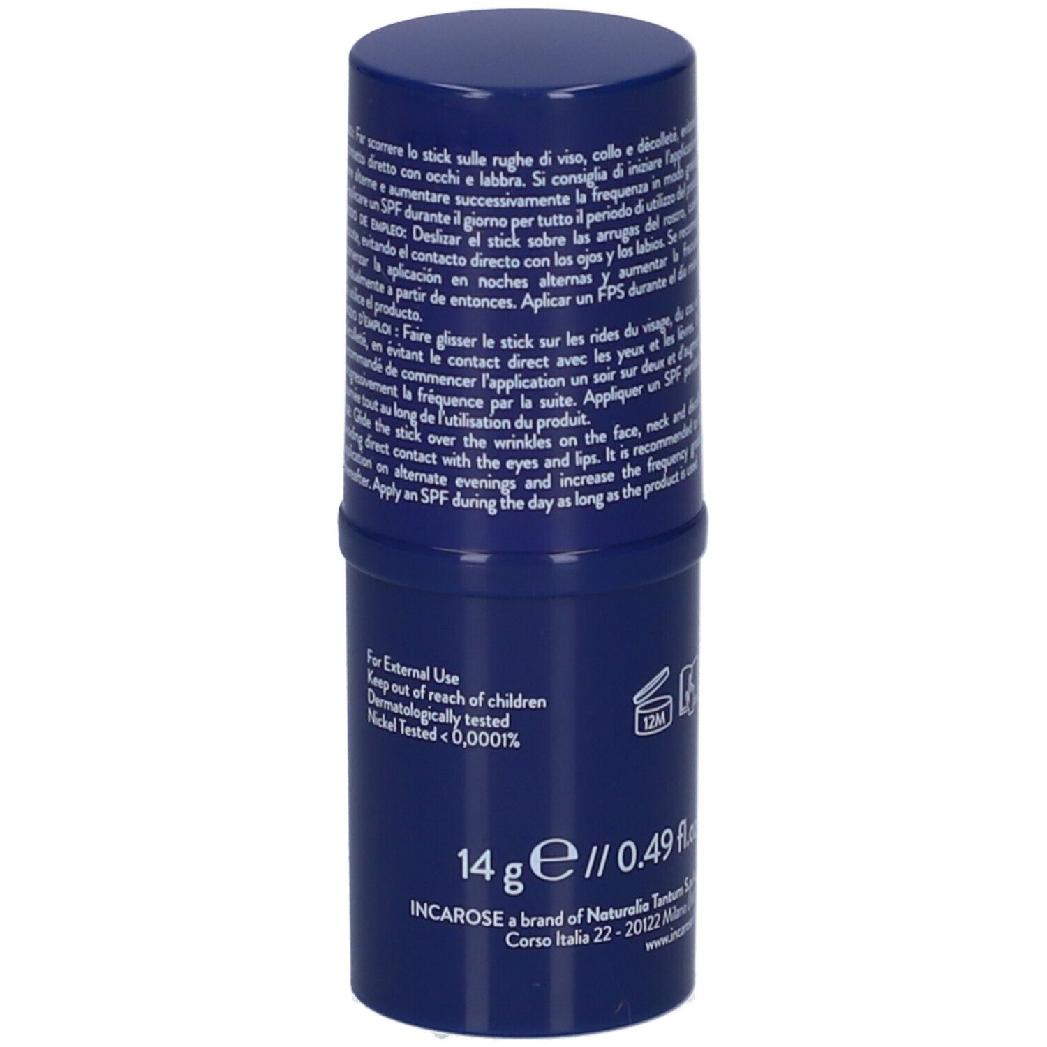 Stick blu con testo. 14 g / 0.49 fl.oz. Testi in italiano, francese, inglese.