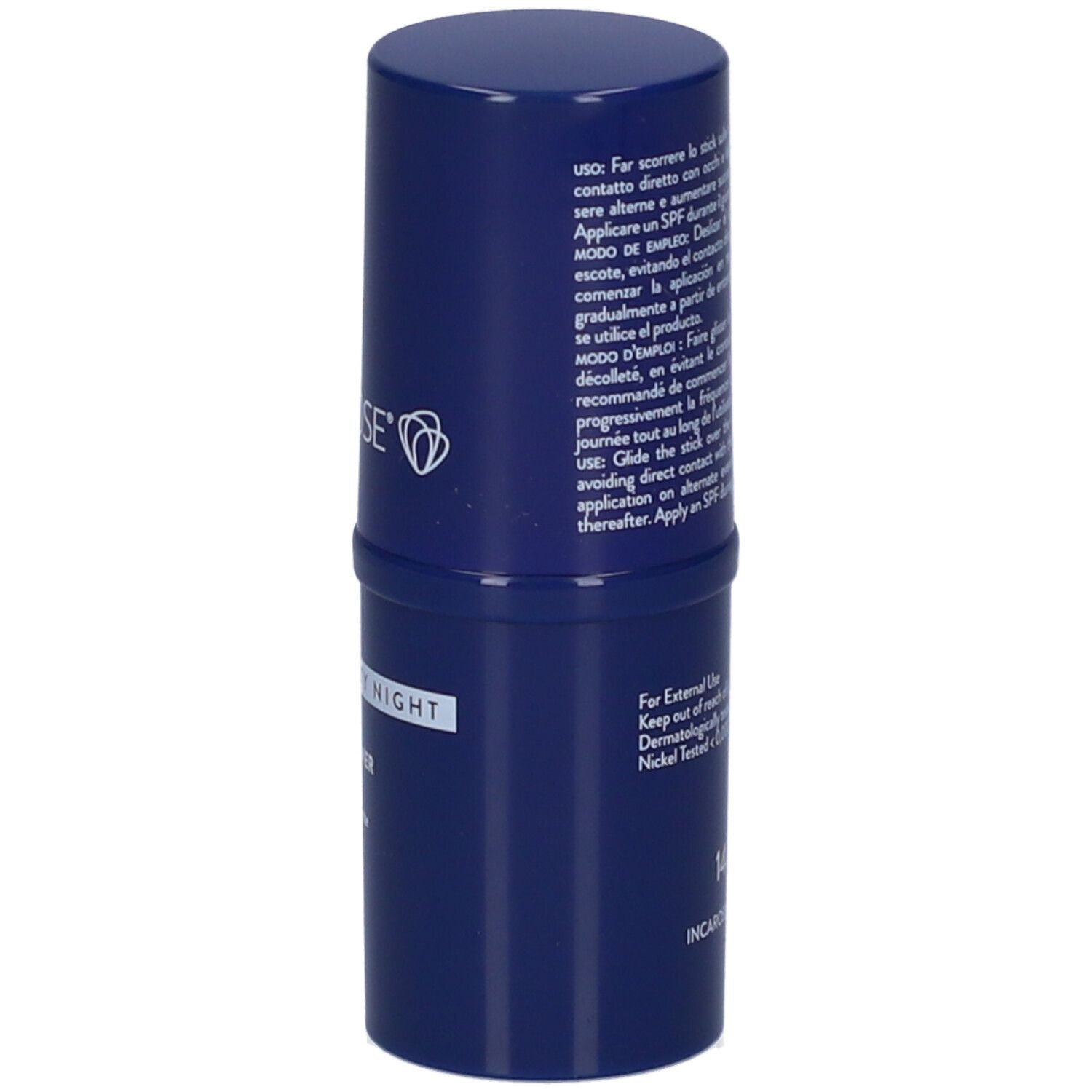 Stick blu con testo. Incarose Milano, Longevity Night Booster, Retinolo Power Night Stick.