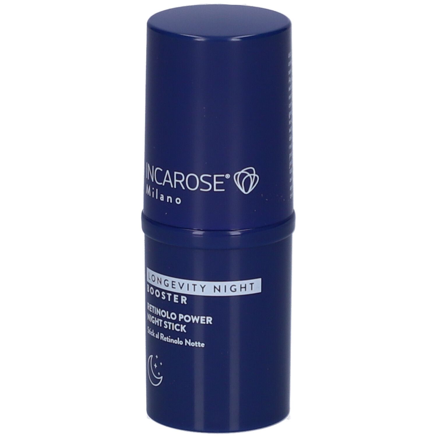 Stick blu con scritte bianche. Incarose Milano, Longevity Night Booster, Retinolo Power Night Stick.