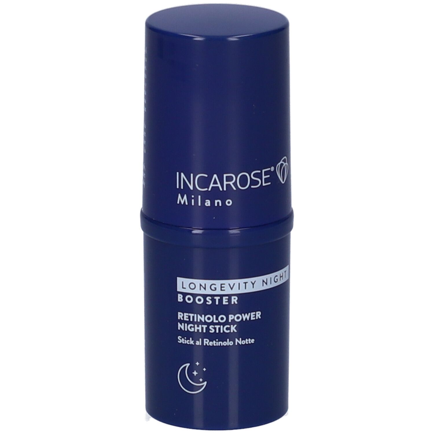 Stick blu con scritte bianche. Incarose Milano, Longevity Night Booster, Retinolo Power Night Stick.