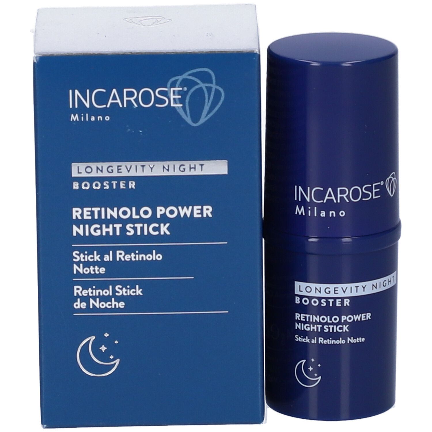 Stick blu e scatola. Incarose Milano, Longevity Night Booster, Retinolo Power Night Stick.