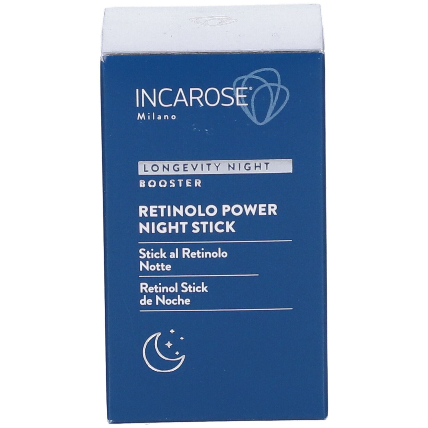 Scatola blu con scritte bianche. Incarose Milano, Longevity Night Booster, Retinolo Power Night Stick.