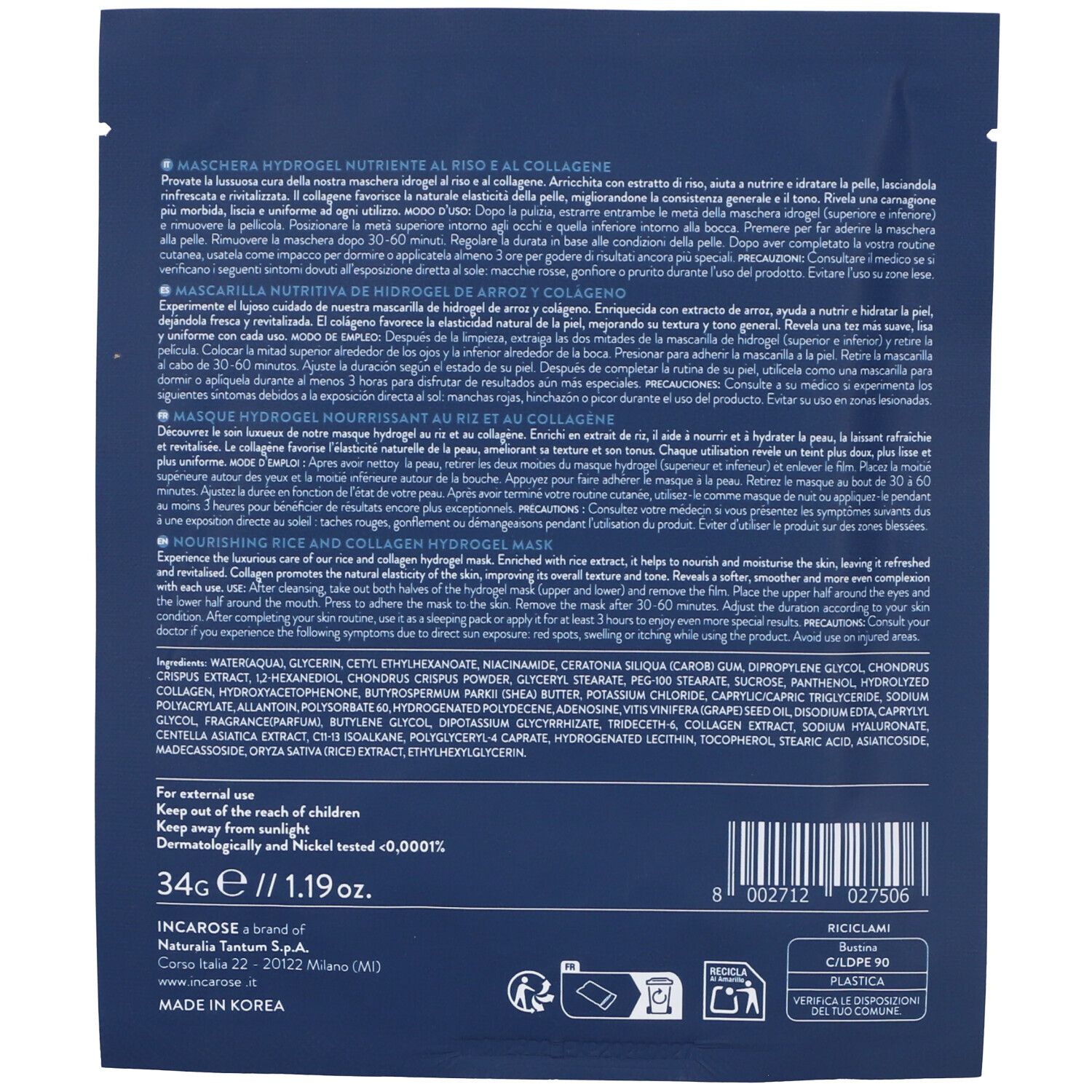 Retro della confezione INCAROSE LN BOOST HYDRA MASK. Informazioni testuali, ingredienti, codice a barre e logo.