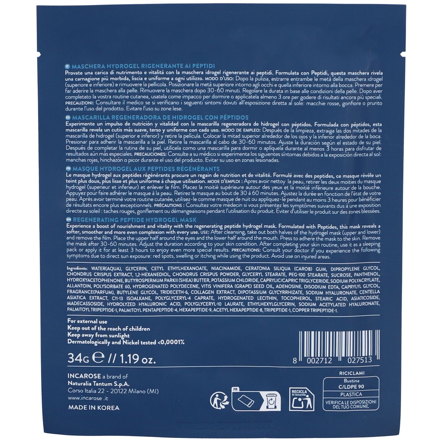 Retro della confezione della maschera viso. Testo e ingredienti. Peso: 34g/1.19 oz. Logo INCAROSE e simbolo di riciclo.