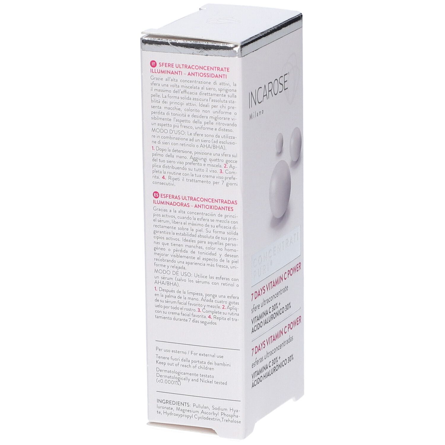 Vista laterale della confezione del prodotto. Testo: INCAROSE, 7 DAYS VITAMIN C POWER. Contiene informazioni e istruzioni in diverse lingue.