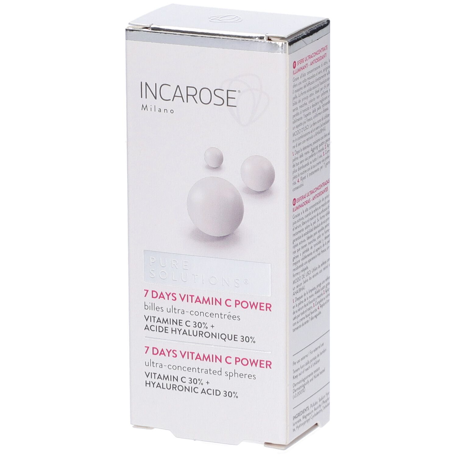 Scatola bianca con informazioni sul prodotto. Scritto: INCAROSE Milano, CONCENTRATE PURI, 7 DAYS VITAMIN C POWER. Immagine di tre sfere.