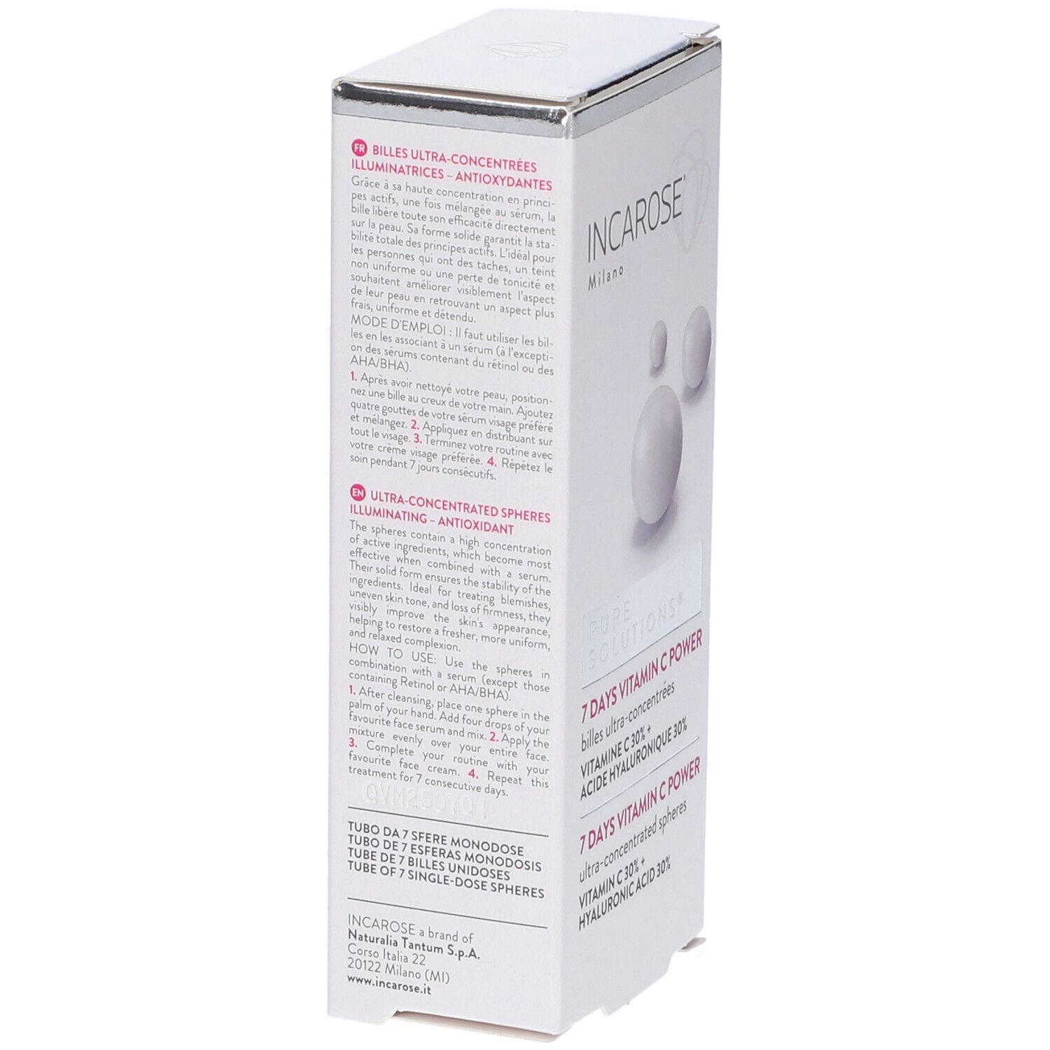 Vista laterale della confezione del prodotto. Testo: INCAROSE, 7 DAYS VITAMIN C POWER. Contiene informazioni e istruzioni in diverse lingue.