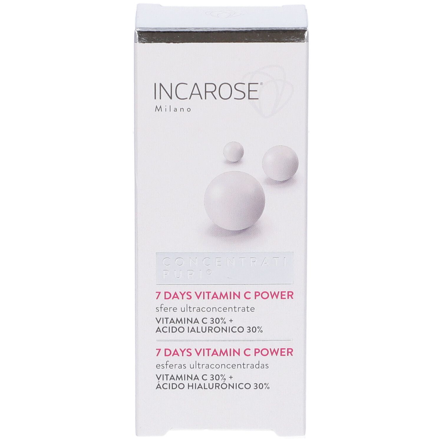 Scatola bianca con informazioni sul prodotto. Scritto: INCAROSE Milano, CONCENTRATE PURI, 7 DAYS VITAMIN C POWER. Immagine di tre sfere.