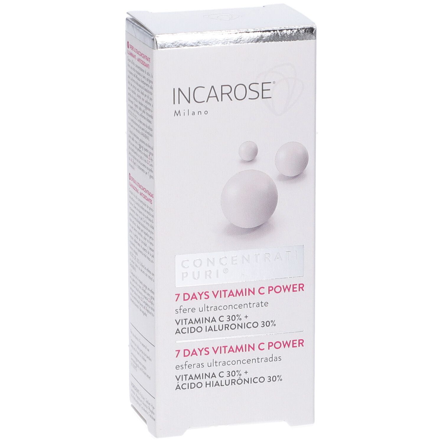 Scatola bianca con informazioni sul prodotto. Scritto: INCAROSE Milano, CONCENTRATE PURI, 7 DAYS VITAMIN C POWER. Immagine di tre sfere.