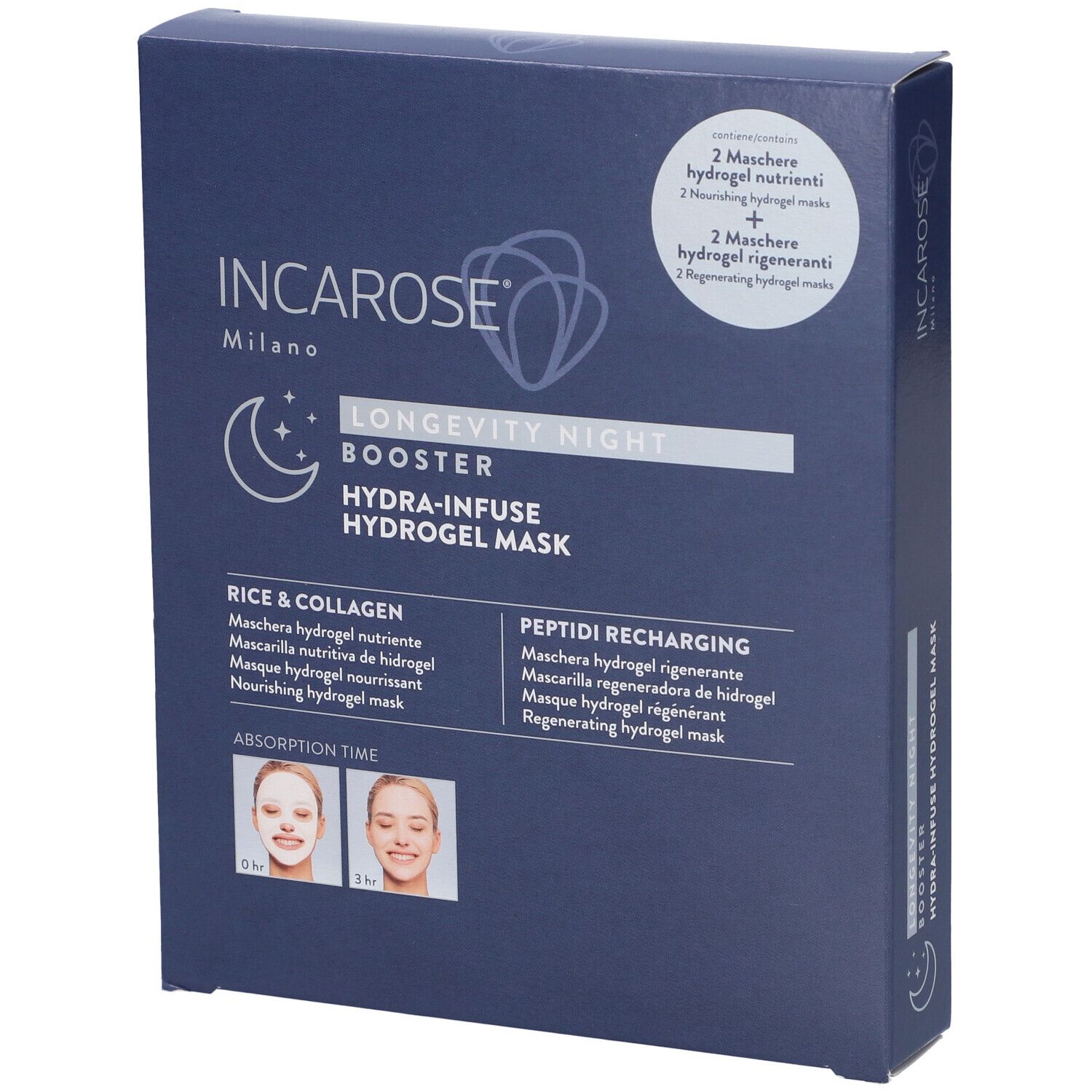 Incarose Longevity Night Booster Cofanetto 2 Maschera Hydrogel Nutriente al Riso e Collagene +2 Incarose Maschera Hydrogel Rigenerante ai Peptidi