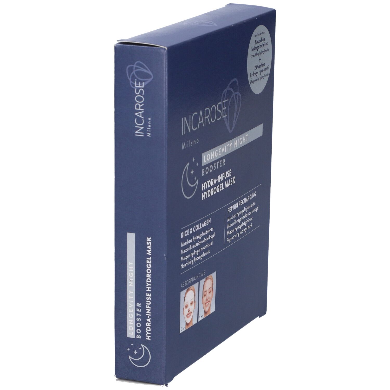 Confezione blu scuro, angolata. INCAROSE Milano, LONGEVITY NIGHT BOOSTER, HYDRA-INFUSE HYDROGEL MASK. Testo.