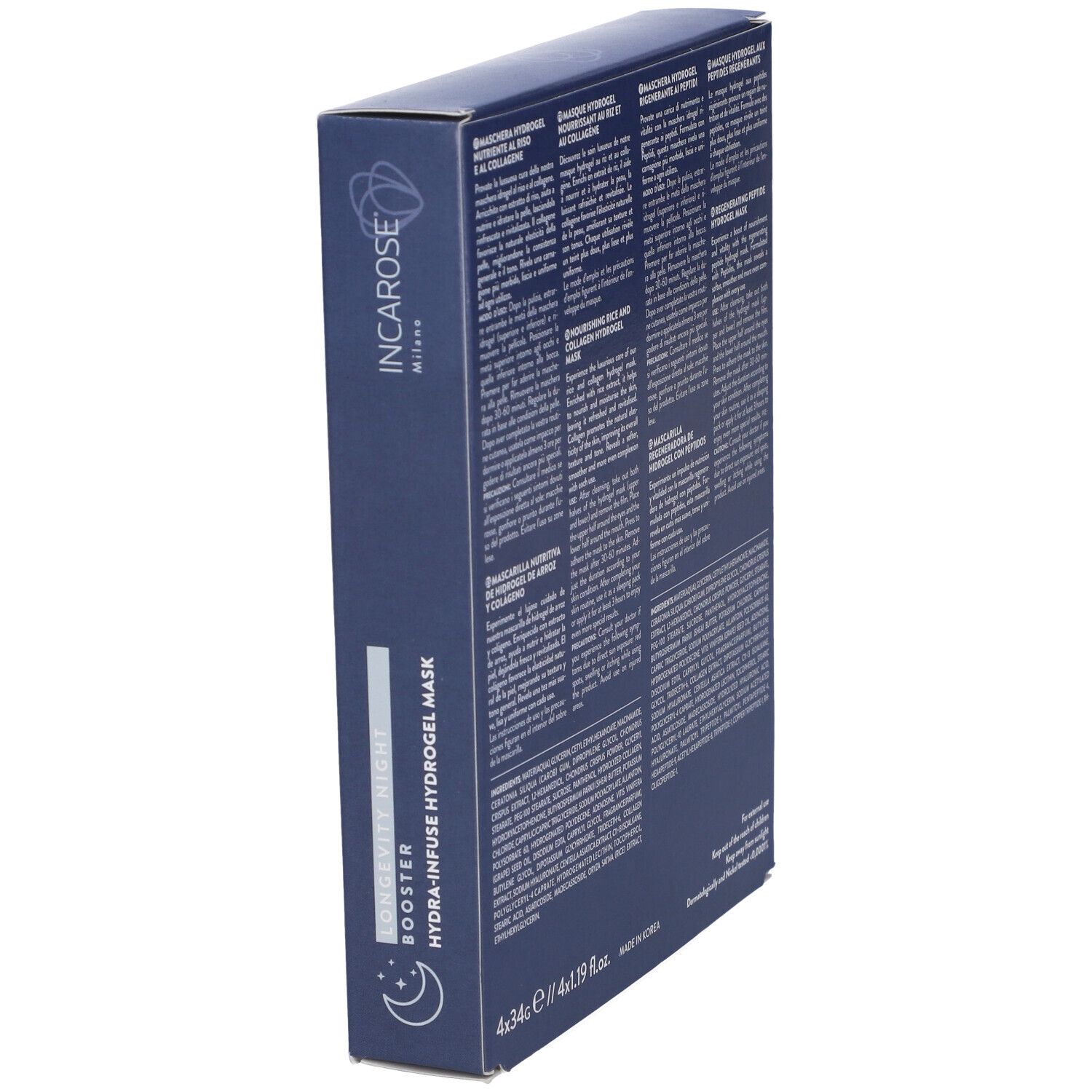 Confezione blu scuro, angolata. Testo multilingue. INCAROSE Milano, LONGEVITY NIGHT BOOSTER.