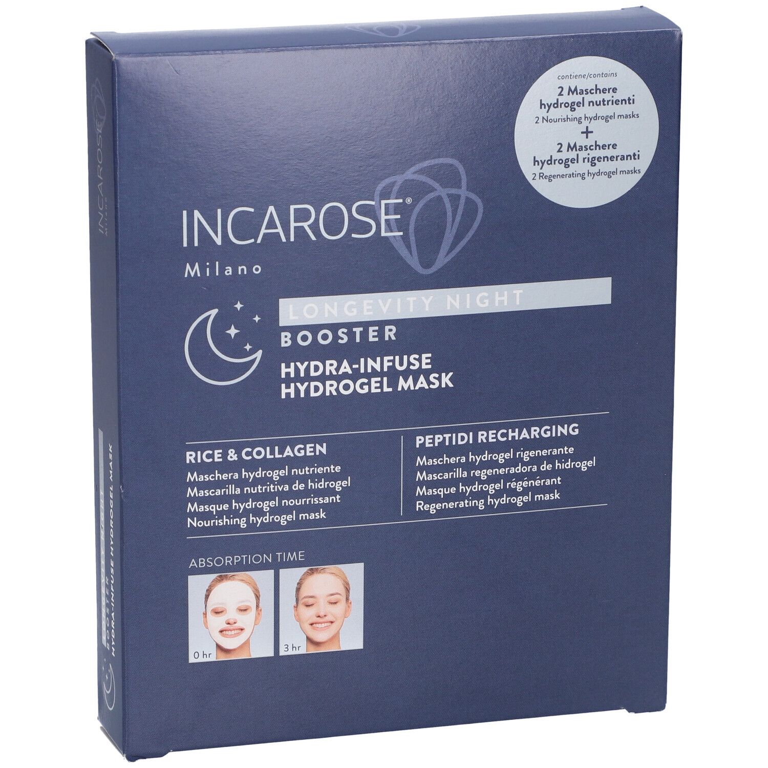Confezione blu scuro. INCAROSE Milano, LONGEVITY NIGHT BOOSTER, HYDRA-INFUSE HYDROGEL MASK. Contiene 2 maschere.