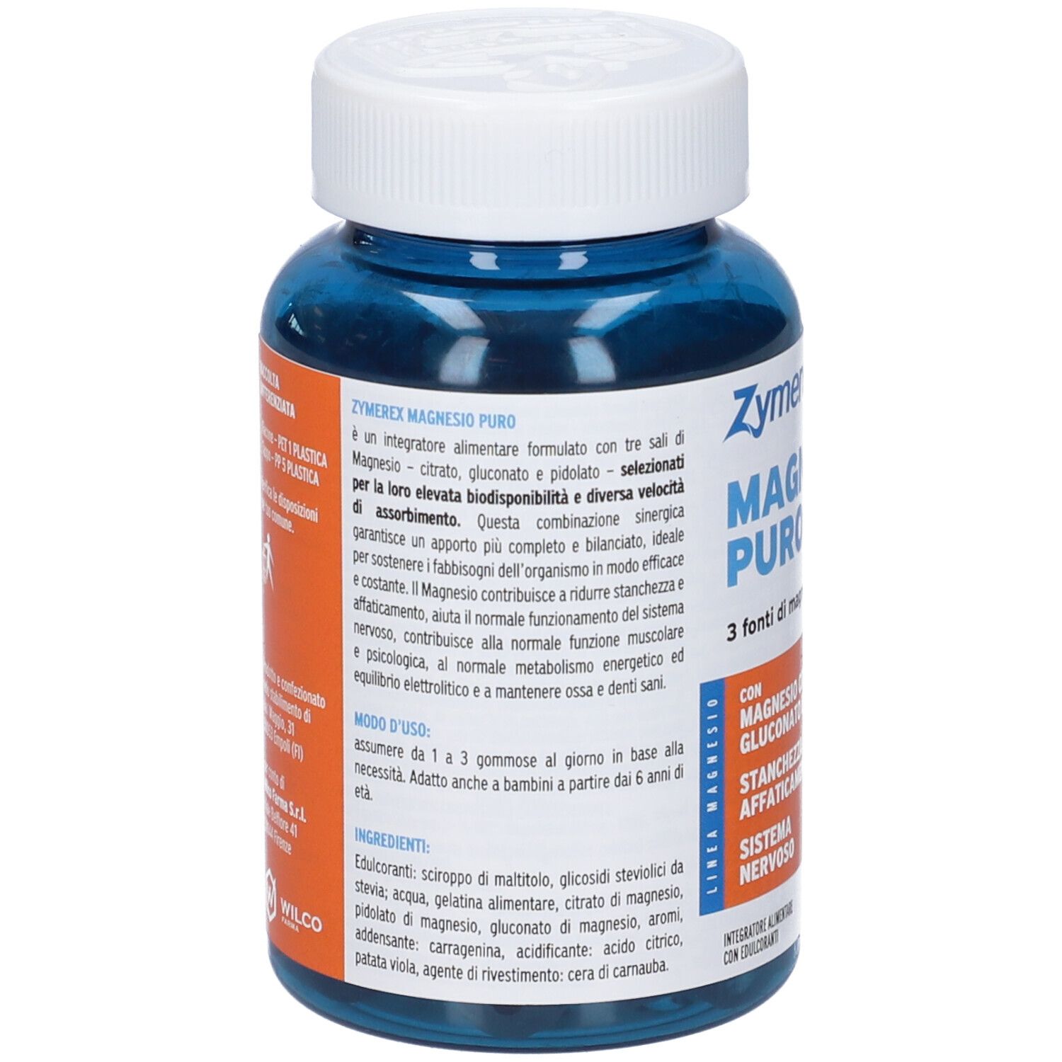 Retro di un barattolo blu con 60 caramelle gommose Zymerex Magnesio Puro.