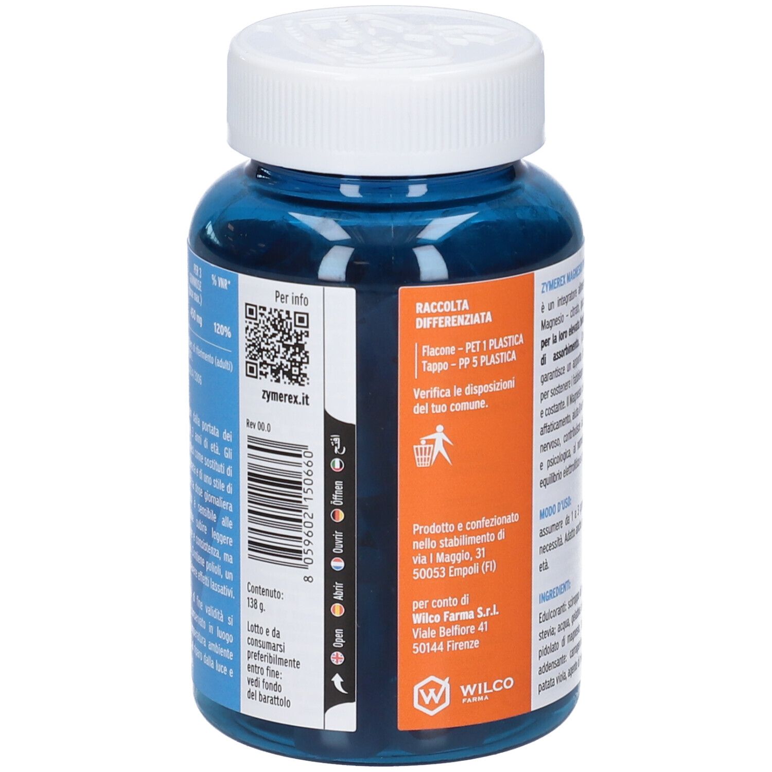 Lato di un barattolo blu con 60 caramelle gommose Zymerex Magnesio Puro.