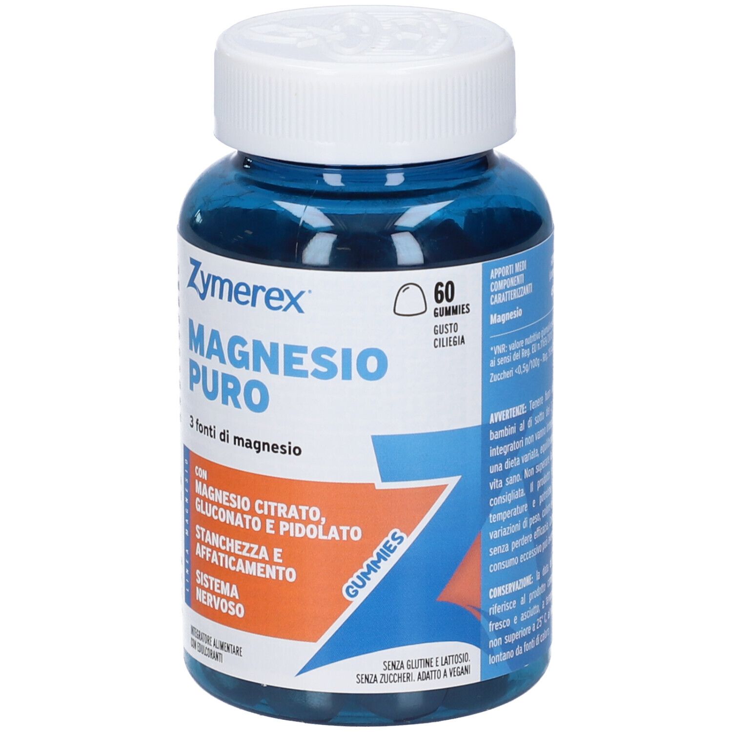 Fronte di un barattolo blu con 60 caramelle gommose Zymerex Magnesio Puro.