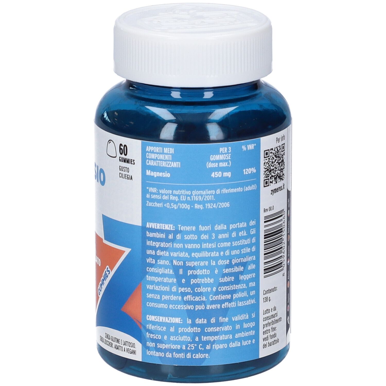 Vista dettagliata di un barattolo blu con 60 caramelle gommose Zymerex Magnesio Puro.