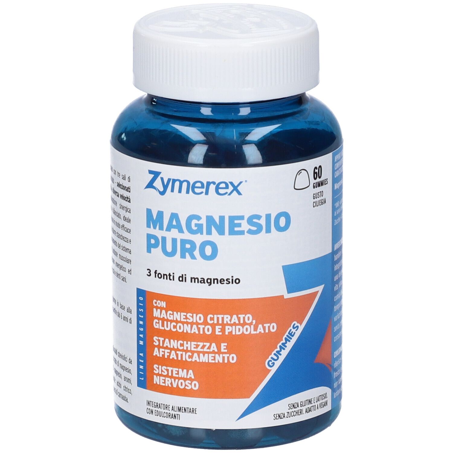 Barattolo blu con 60 caramelle gommose Zymerex Magnesio Puro, primo piano.