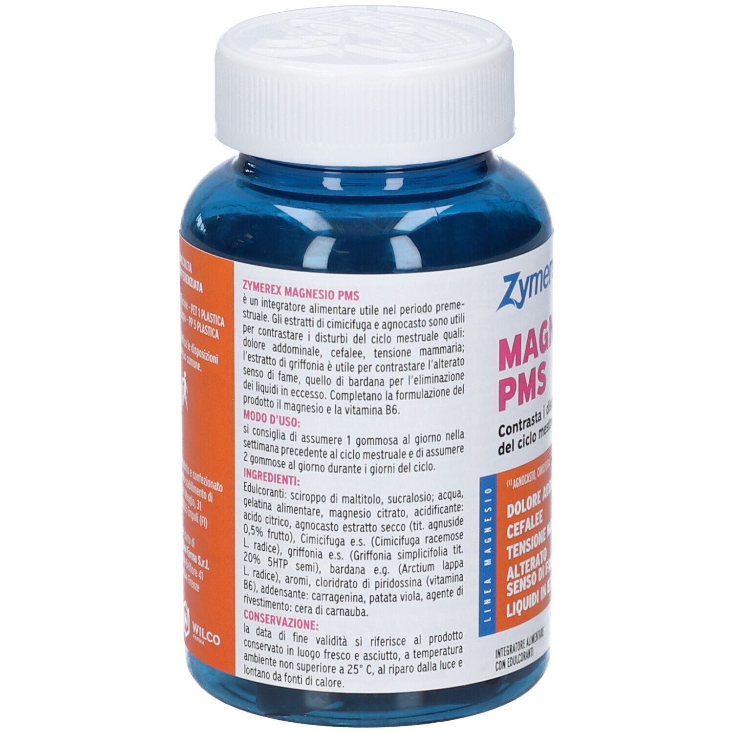Retro del contenitore di gommose ZYMEREX MAGNESIO PMS con ingredienti e istruzioni.
