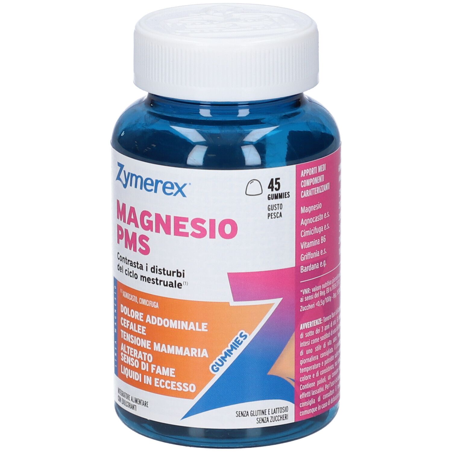 Gommose ZYMEREX MAGNESIO PMS, fronte con informazioni sul prodotto e indicazione del gusto.