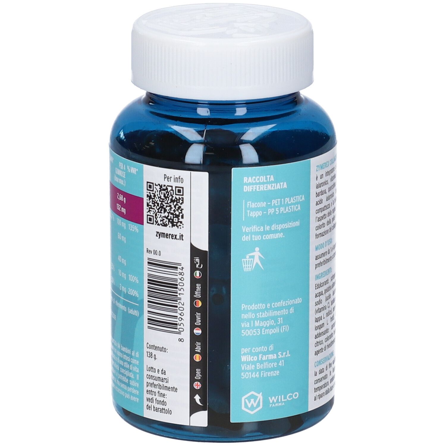 Vista laterale del flacone ZYMEREX GUM COLLAGENE IAL60GOM con QR code e informazioni sul riciclo.