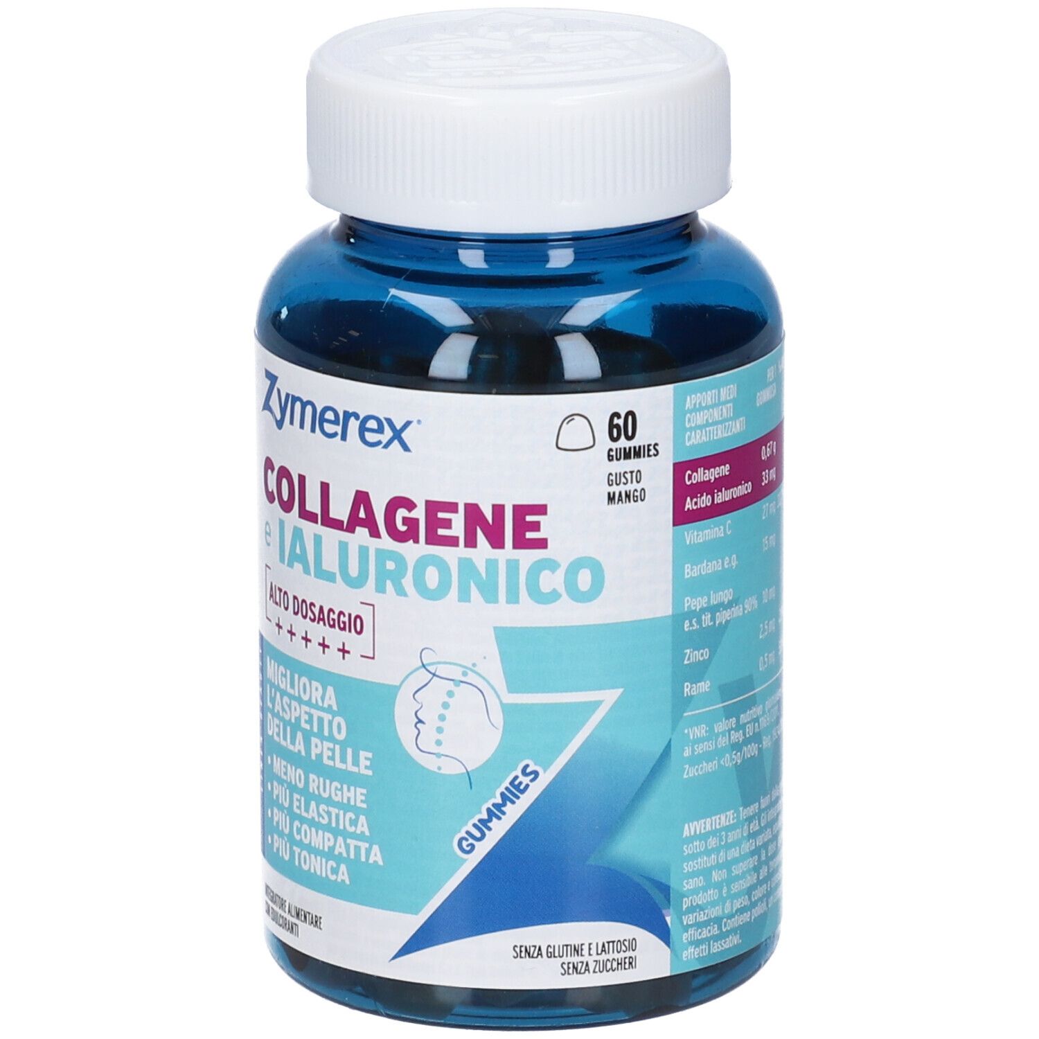 ZYMEREX GUM COLLAGENE IAL60GOM: Flacone blu, 60 gummies, collagene, acido ialuronico, gusto mango.