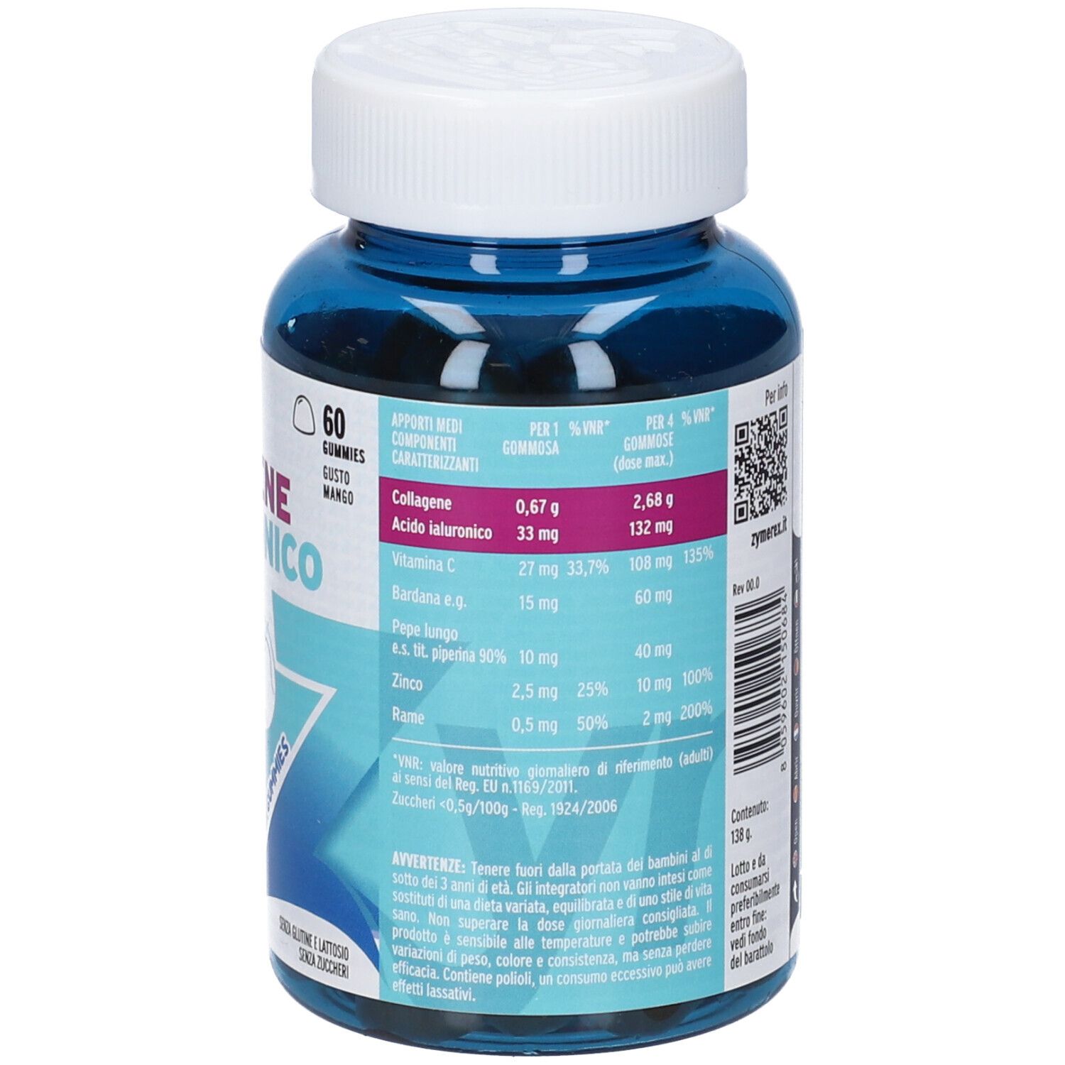 Retro del flacone ZYMEREX GUM COLLAGENE IAL60GOM con tabella nutrizionale e ingredienti.
