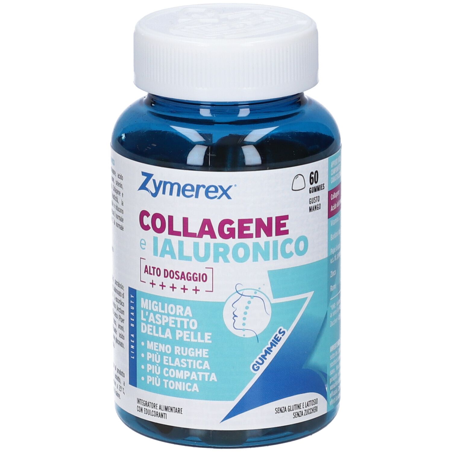 ZYMEREX GUM COLLAGENE IAL60GOM: Flacone blu, 60 gummies, collagene, acido ialuronico, alto dosaggio.