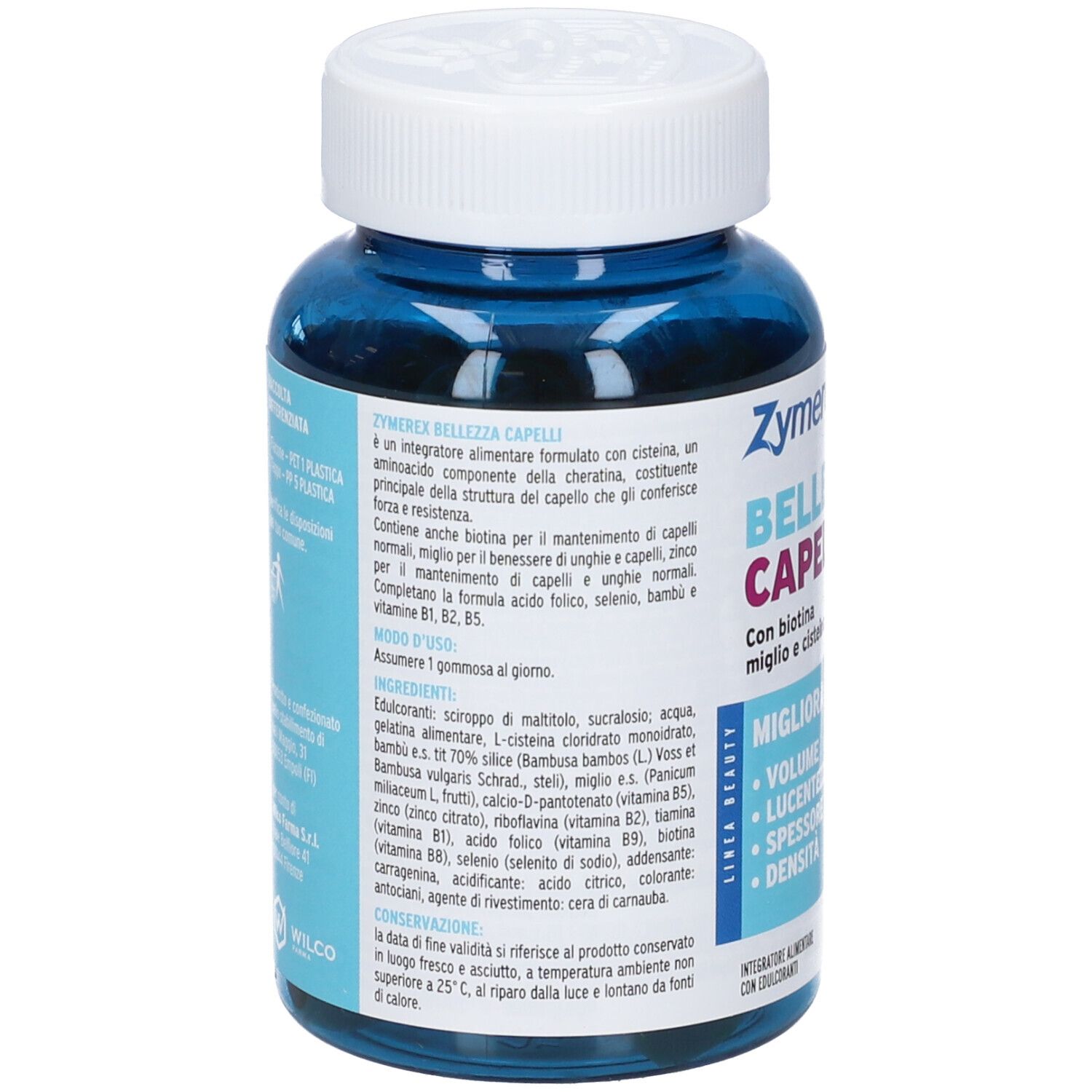 ZYMEREX GUM BELLEZZA CAP 60GOM: Retro del contenitore blu con tappo bianco, elenco ingredienti e informazioni.