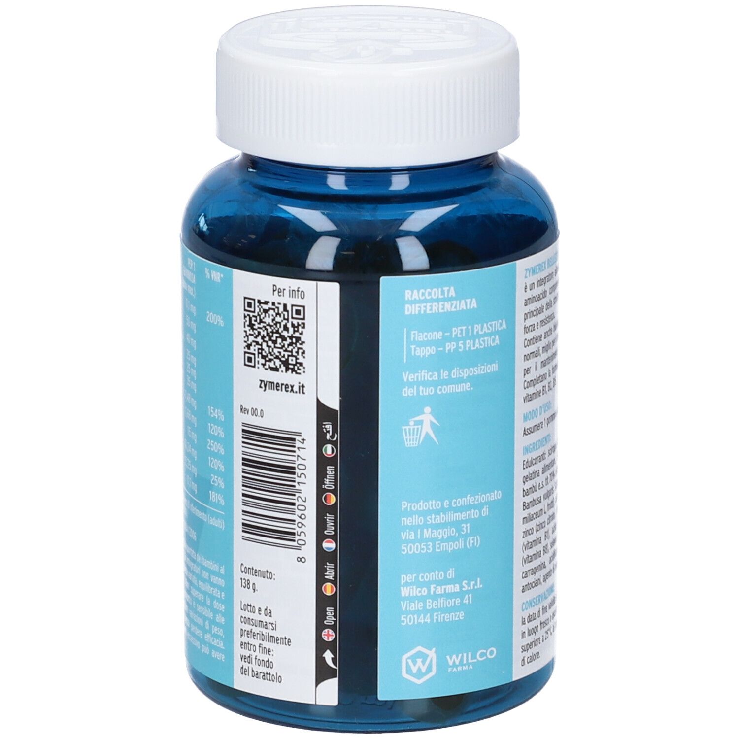 ZYMEREX GUM BELLEZZA CAP 60GOM: Vista laterale del contenitore blu con tappo bianco, codice QR e codice a barre.