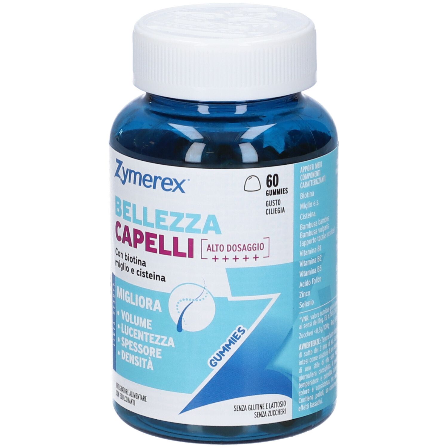 ZYMEREX GUM BELLEZZA CAP 60GOM: Contenitore blu con tappo bianco, 60 gummies per capelli, primo piano.