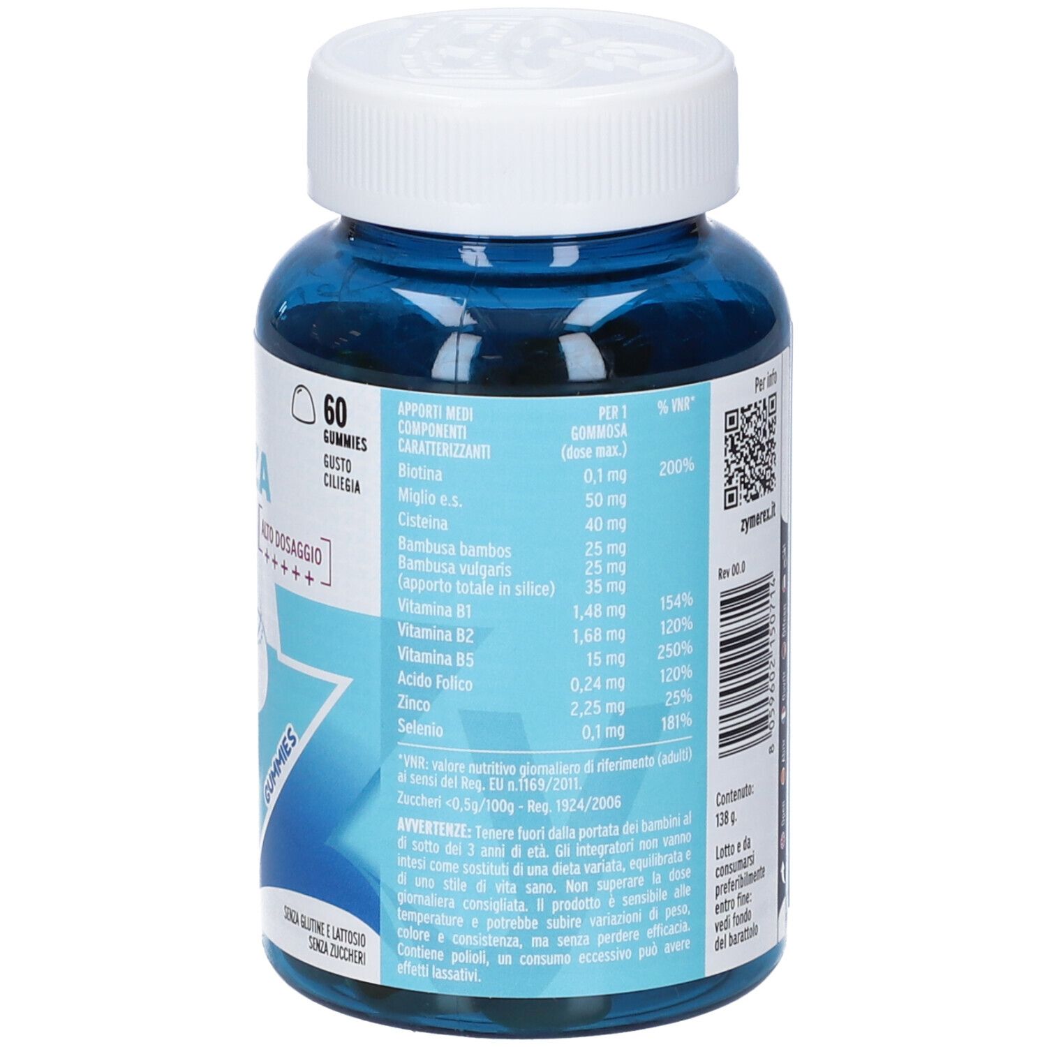 ZYMEREX GUM BELLEZZA CAP 60GOM: Retro del contenitore blu con tappo bianco, informazioni nutrizionali e ingredienti.