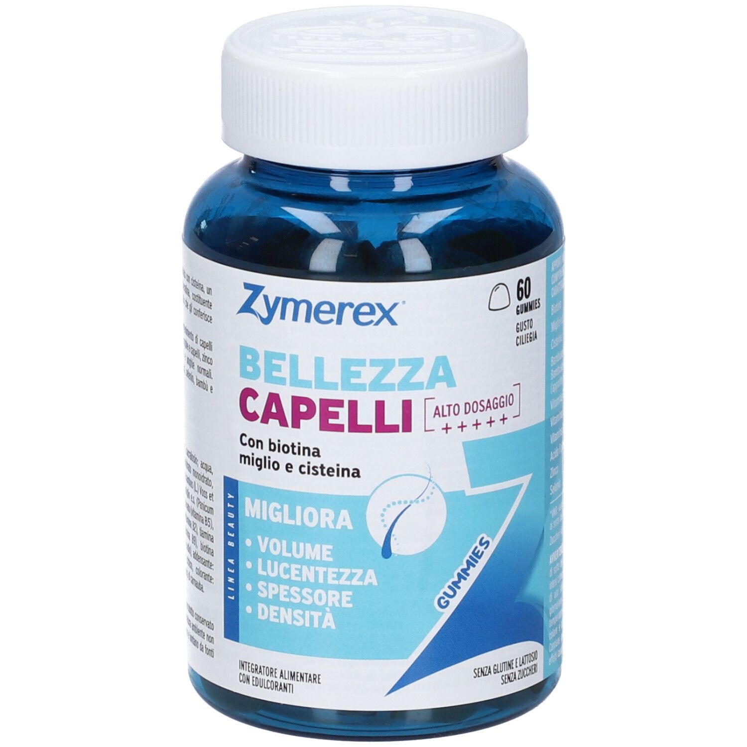 ZYMEREX GUM BELLEZZA CAP 60GOM: Contenitore blu con tappo bianco, 60 gummies per capelli, vista dettagliata.