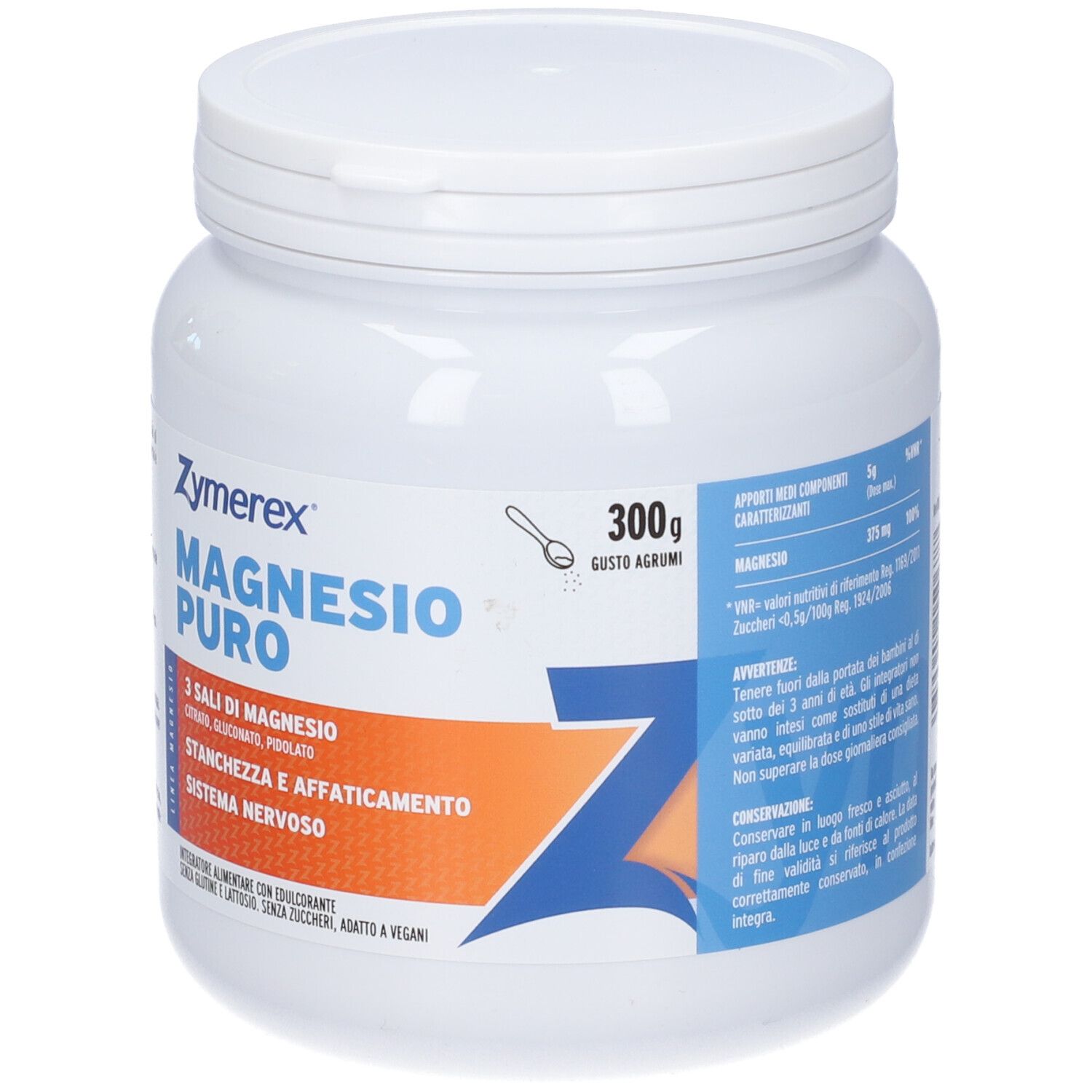 Contenitore polvere ZYMEREX MAGNESIO PURO con vista dettagliata dell'etichetta e indicazione 300g.