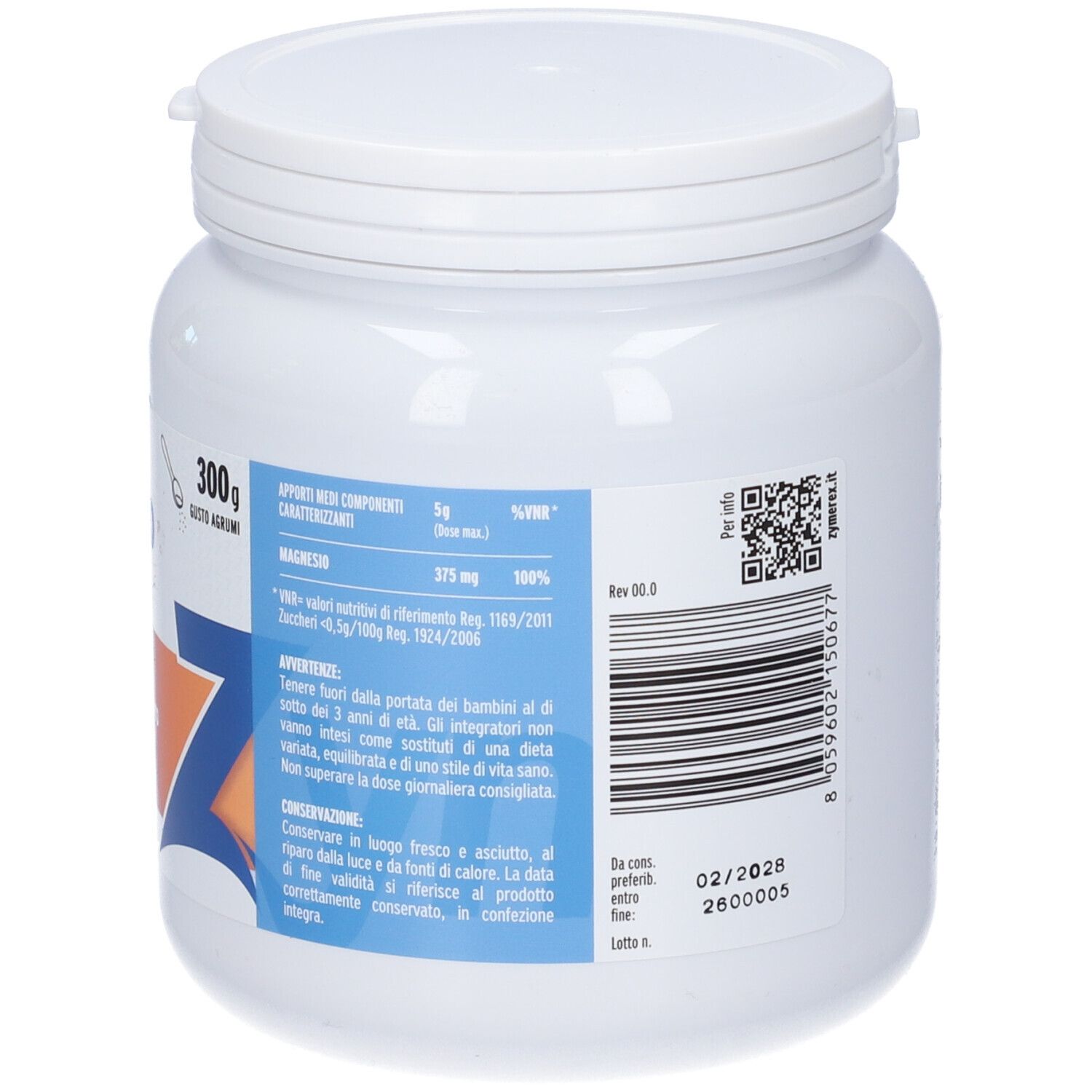 Retro del contenitore ZYMEREX MAGNESIO PURO con valori nutrizionali e data di scadenza.