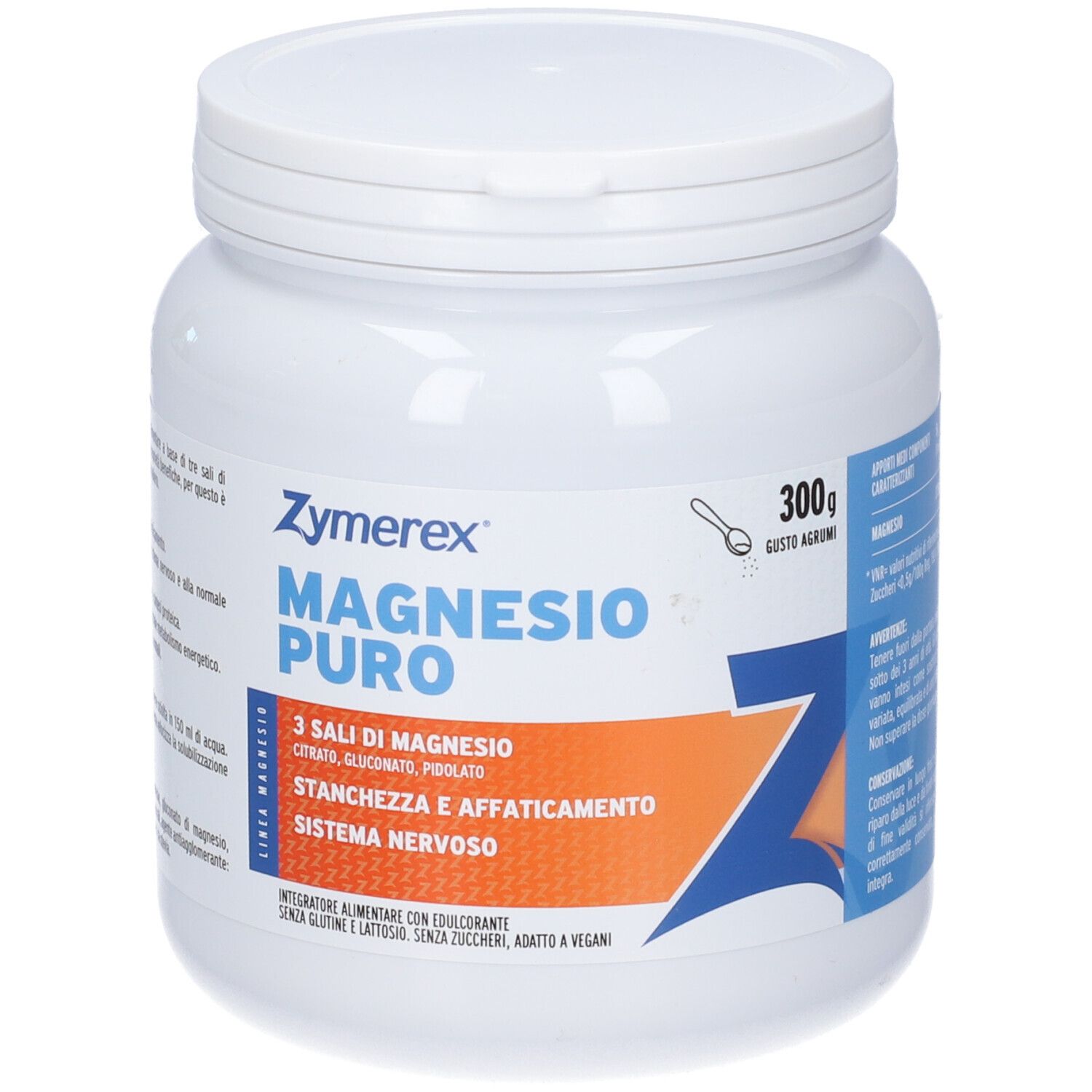 Barattolo bianco con Zymerex Magnesio Puro, 300g. Contiene 3 sali di magnesio per il sistema nervoso.